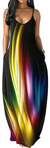 PADOLA Sommerkleid Damen Ärmellose Kleider Damen Sommer Strandkleid mit Taschen Casual Maxikleid Blumenmuster Boho Kleid Spaghettiträger Kleid Vintage Chic Elegant (3 Bunte, M) von PADOLA