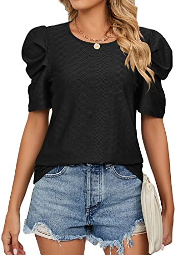 PADOLA Damen T-Shirts Kurzarm Puffärmel Bluse (L, 1 Schwarz) von PADOLA