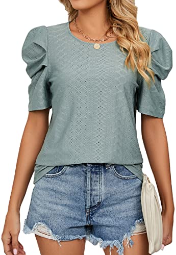 PADOLA Damen T-Shirts Kurzarm Puffärmel Bluse (S, Grüngrau) von PADOLA