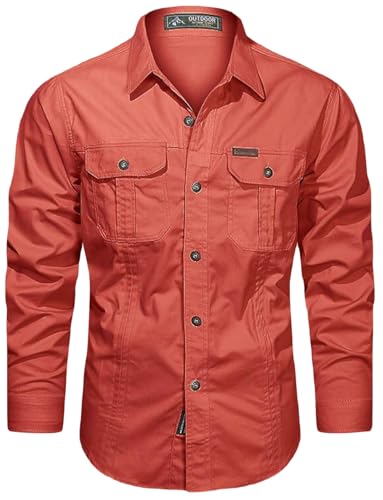PADOLA Hemd Herren Baumwolle Hemden Langarm Slim Fit Cowboyhemd Stehkragen Westernhemd Taktisches Hemd Outdoor Arbeitshemd Safarihemd Einfarbige Freizeithemden (Rot, S) von PADOLA