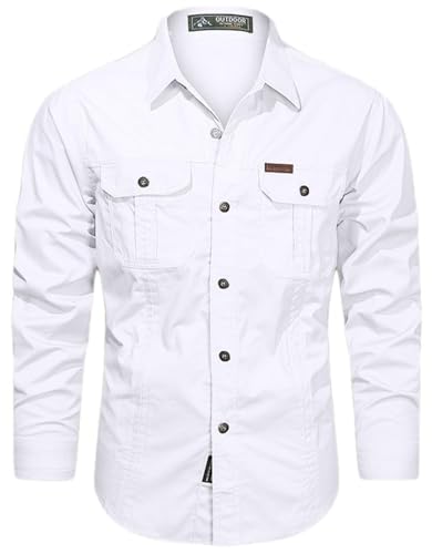 PADOLA Hemd Herren Baumwolle Hemden Langarm Slim Fit Cowboyhemd Stehkragen Westernhemd Taktisches Hemd Outdoor Arbeitshemd Safarihemd Einfarbige Freizeithemden (4 Weiß, XL) von PADOLA
