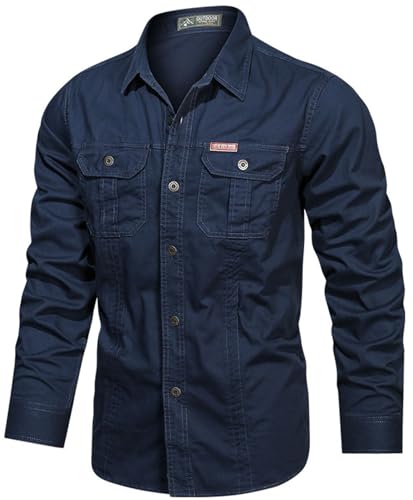 PADOLA Hemd Herren Baumwolle Hemden Langarm Slim Fit Cowboyhemd Stehkragen Westernhemd Taktisches Hemd Outdoor Arbeitshemd Safarihemd Einfarbige Freizeithemden (6 Dunkelblau, XL) von PADOLA