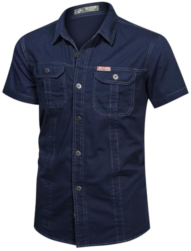 PADOLA Hemd Herren Kurzarm Hemden Button Down Cargo Arbeitshemd Sommer Freizeithemden Slim Fit Westernhemd Baumwolle Cowboyhemd Einfarbiges Safari Hemd Strandhemd Combat Shirt (6 Dunkelblau, XL) von PADOLA