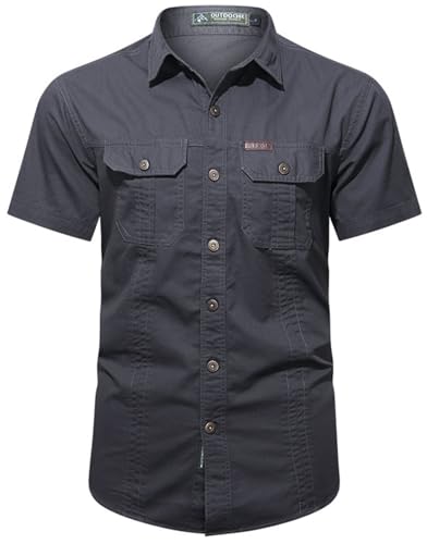 PADOLA Hemd Herren Kurzarm Hemden Button Down Cargo Arbeitshemd Sommer Freizeithemden Slim Fit Westernhemd Baumwolle Cowboyhemd Einfarbiges Safari Hemd Strandhemd Combat Shirt (2 Grau, L) von PADOLA
