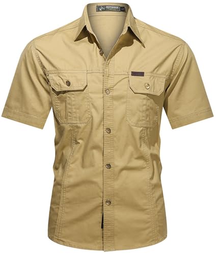 PADOLA Hemd Herren Kurzarm Hemden Button Down Cargo Arbeitshemd Sommer Freizeithemden Slim Fit Westernhemd Baumwolle Cowboyhemd Einfarbiges Safari Hemd Strandhemd Combat Shirt (0 Khaki, 2XL) von PADOLA