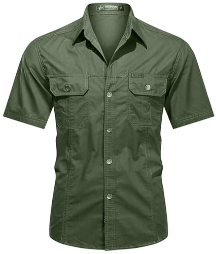 PADOLA Hemd Herren Kurzarm Hemden Button Down Cargo Arbeitshemd Sommer Freizeithemden Slim Fit Westernhemd Baumwolle Cowboyhemd Einfarbiges Safari Hemd Strandhemd Combat Shirt (1 Armeegrün, M) von PADOLA
