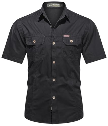 PADOLA Hemd Herren Kurzarm Hemden Button Down Cargo Arbeitshemd Sommer Freizeithemden Slim Fit Westernhemd Baumwolle Cowboyhemd Einfarbiges Safari Hemd Strandhemd Combat Shirt (3 Schwarz, 2XL) von PADOLA