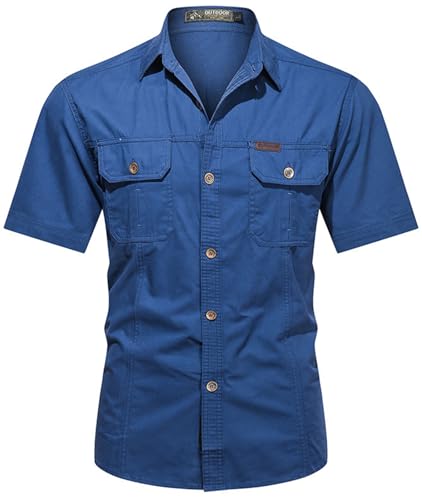 PADOLA Hemd Herren Kurzarm Hemden Button Down Cargo Arbeitshemd Sommer Freizeithemden Slim Fit Westernhemd Baumwolle Cowboyhemd Einfarbiges Safari Hemd Strandhemd Combat Shirt (5 Blau, S) von PADOLA