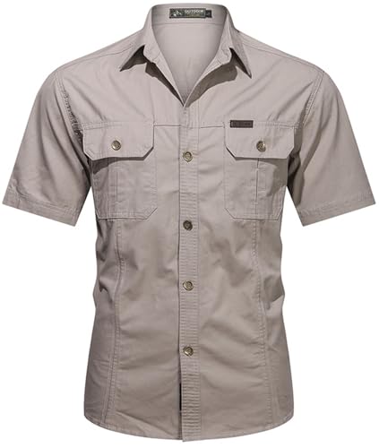 PADOLA Hemd Herren Kurzarm Hemden Button Down Cargo Arbeitshemd Sommer Freizeithemden Slim Fit Westernhemd Baumwolle Cowboyhemd Einfarbiges Safari Hemd Strandhemd Combat Shirt (Beige, L) von PADOLA