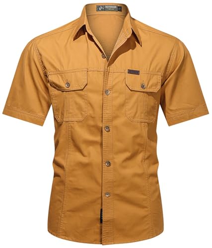 PADOLA Hemd Herren Kurzarm Hemden Button Down Cargo Arbeitshemd Sommer Freizeithemden Slim Fit Westernhemd Baumwolle Cowboyhemd Einfarbiges Safari Hemd Strandhemd Combat Shirt (Gelb, XL) von PADOLA