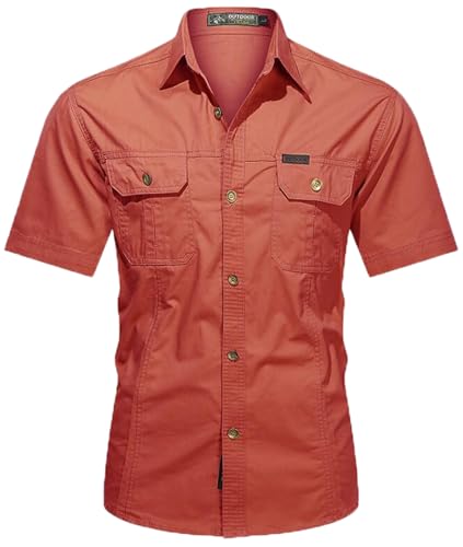 PADOLA Hemd Herren Kurzarm Hemden Button Down Cargo Arbeitshemd Sommer Freizeithemden Slim Fit Westernhemd Baumwolle Cowboyhemd Einfarbiges Safari Hemd Strandhemd Combat Shirt (Rot, 2XL) von PADOLA