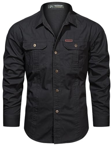 PADOLA Hemd Herren Baumwolle Hemden Langarm Slim Fit Cowboyhemd Stehkragen Westernhemd Taktisches Hemd Outdoor Arbeitshemd Safarihemd Einfarbige Freizeithemden (0 Schwarz, S) von PADOLA