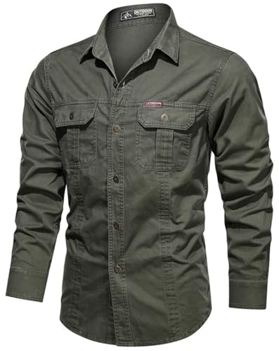 PADOLA Hemd Herren Baumwolle Hemden Langarm Slim Fit Cowboyhemd Stehkragen Westernhemd Taktisches Hemd Outdoor Arbeitshemd Safarihemd Einfarbige Freizeithemden (1 Armeegrün, M) von PADOLA