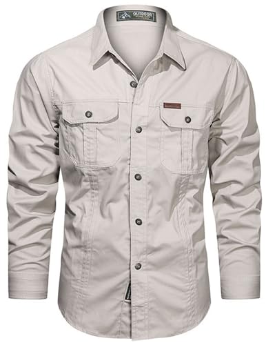 PADOLA Hemd Herren Baumwolle Hemden Langarm Slim Fit Cowboyhemd Stehkragen Westernhemd Taktisches Hemd Outdoor Arbeitshemd Safarihemd Einfarbige Freizeithemden (5 Beige, XL) von PADOLA