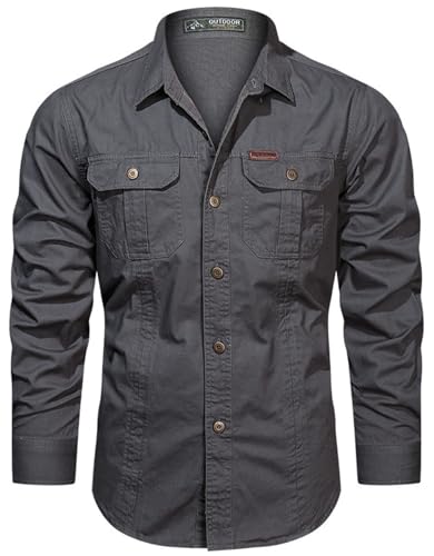 PADOLA Hemd Herren Baumwolle Hemden Langarm Slim Fit Cowboyhemd Stehkragen Westernhemd Taktisches Hemd Outdoor Arbeitshemd Safarihemd Einfarbige Freizeithemden (3 Grau, M) von PADOLA