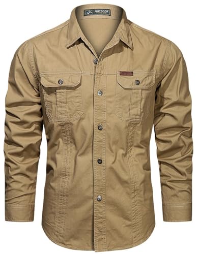 PADOLA Hemd Herren Baumwolle Hemden Langarm Slim Fit Cowboyhemd Stehkragen Westernhemd Taktisches Hemd Outdoor Arbeitshemd Safarihemd Einfarbige Freizeithemden (2 Khaki, XL) von PADOLA