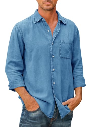 PADOLA Hemd Herren Langarm Regular Fit Vintage Arbeitshemd Cowboy-Stil Freizeithemden Used-Effekt Oberhemden Kentkragen Westernhemd mit Brusttasche Overshirt Langarmshirt (0 Blau, 4XL) von PADOLA
