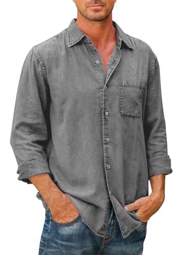 PADOLA Hemd Herren Langarm Regular Fit Vintage Arbeitshemd Cowboy-Stil Freizeithemden Used-Effekt Oberhemden Kentkragen Westernhemd mit Brusttasche Overshirt Langarmshirt (1 Dunkelgrau, 4XL) von PADOLA