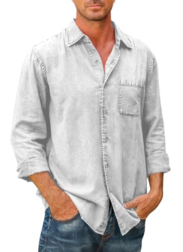 PADOLA Hemd Herren Langarm Regular Fit Vintage Arbeitshemd Cowboy-Stil Freizeithemden Used-Effekt Oberhemden Kentkragen Westernhemd mit Brusttasche Overshirt Langarmshirt (2 Hellgrau, M) von PADOLA