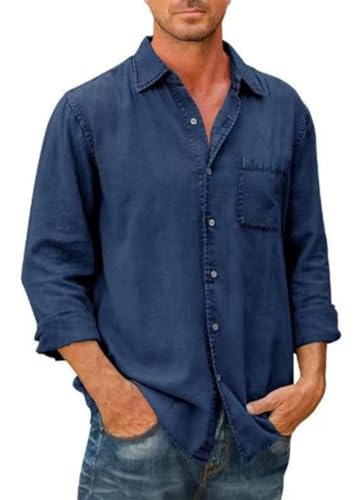 PADOLA Hemd Herren Langarm Regular Fit Vintage Arbeitshemd Cowboy-Stil Freizeithemden Used-Effekt Oberhemden Kentkragen Westernhemd mit Brusttasche Overshirt Langarmshirt (3 Dunkelblau, 2XL) von PADOLA