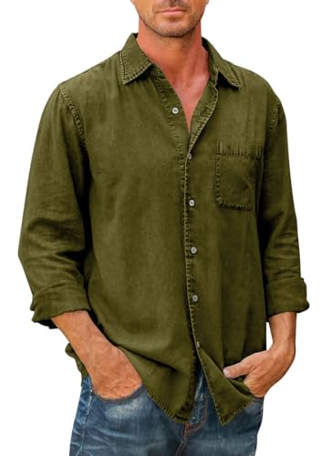 PADOLA Hemd Herren Langarm Regular Fit Vintage Arbeitshemd Cowboy-Stil Freizeithemden Used-Effekt Oberhemden Kentkragen Westernhemd mit Brusttasche Overshirt Langarmshirt (4 Armeegrün, 5XL) von PADOLA