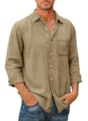 PADOLA Hemd Herren Langarm Regular Fit Vintage Arbeitshemd Cowboy-Stil Freizeithemden Used-Effekt Oberhemden Kentkragen Westernhemd mit Brusttasche Overshirt Langarmshirt (Khaki, XL) von PADOLA