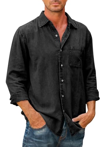 PADOLA Hemd Herren Langarm Regular Fit Vintage Arbeitshemd Cowboy-Stil Freizeithemden Used-Effekt Oberhemden Kentkragen Westernhemd mit Brusttasche Overshirt Langarmshirt (Schwarz, M) von PADOLA