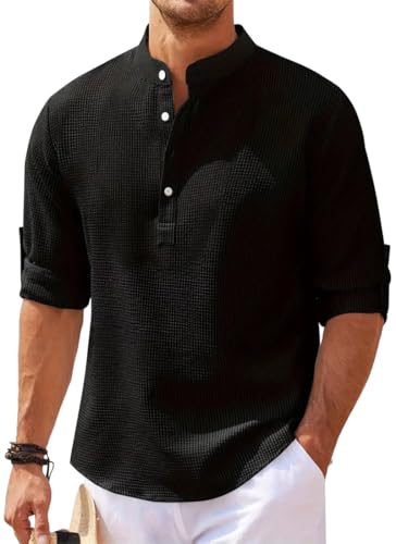 PADOLA Hemd Herren Langarmshirt Herren Henely Shirt Langarm Stehkragenhemd mit Knopfleiste Gestrickte Freizeithemden Bügelfrei Hemd Einfarbiges Übergangshemd Casual Sweatshirt (XL, 0 Schwarz) von PADOLA