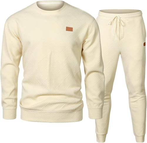 PADOLA Jogginganzug Herren 2 Teiliger Trainingsanzug Herbst Sportanzug Jacquard Pullover Rundhals Sweatshirt mit Jogginghose Winter Tracksuit Freizeitanzug Casual Set Streetwear (Beige, L) von PADOLA