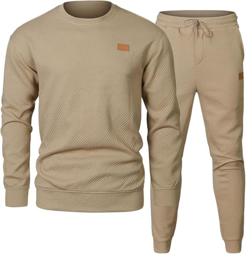 PADOLA Jogginganzug Herren 2 Teiliger Trainingsanzug Herbst Sportanzug Jacquard Pullover Rundhals Sweatshirt mit Jogginghose Winter Tracksuit Freizeitanzug Casual Set Streetwear (Khaki, L) von PADOLA