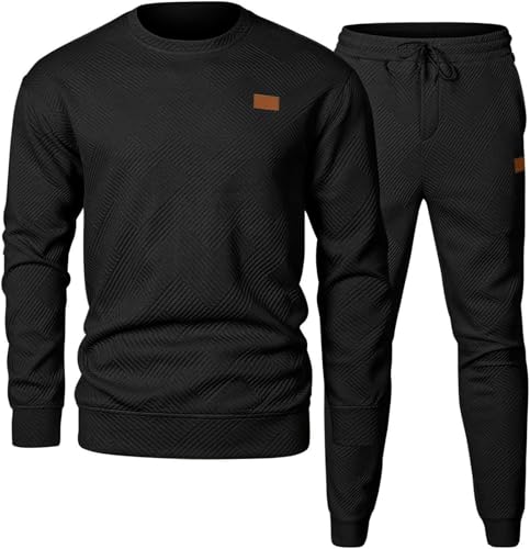 PADOLA Jogginganzug Herren 2 Teiliger Trainingsanzug Herbst Sportanzug Jacquard Pullover Rundhals Sweatshirt mit Jogginghose Winter Tracksuit Freizeitanzug Casual Set Streetwear (Schwarz, L) von PADOLA