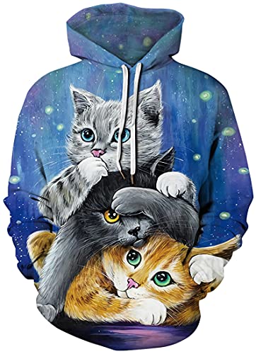 PADOLA Herren 3D Druck Kapuzenpullover Langarm Hoodie mit Taschen Casual Sweatshirt Halloween Weihnachten Streetwear Christmas Xmas Geschenke (DREI Katzen, L) von PADOLA