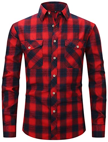 PADOLA Hemd Herren Kariertes Hemd Langarm Flanellhemd Button Down Holzfällerhemd Karohemd Oktoberfest Plaid Shirt Winterhemd Trachtenhemd Arbeitshemd Freizeithemden für Herren (0 Rot, L) von PADOLA