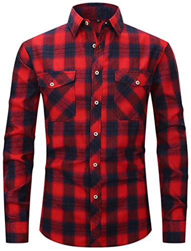 PADOLA Flanellhemd Herren Langarm Baumwolle Freizeithemden Karohemd Plaid Shirt Holzfällerhemd Oktoberfest Kariertes Hemd Weihnachten Thermohemd (0 Rot, S) von PADOLA