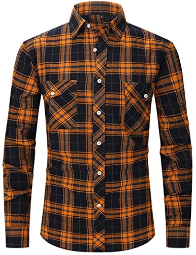 PADOLA Flanellhemd Herren Langarm Baumwolle Freizeithemden Karohemd Plaid Shirt Holzfällerhemd Oktoberfest Kariertes Hemd Weihnachten Thermohemd (Orange, M) von PADOLA