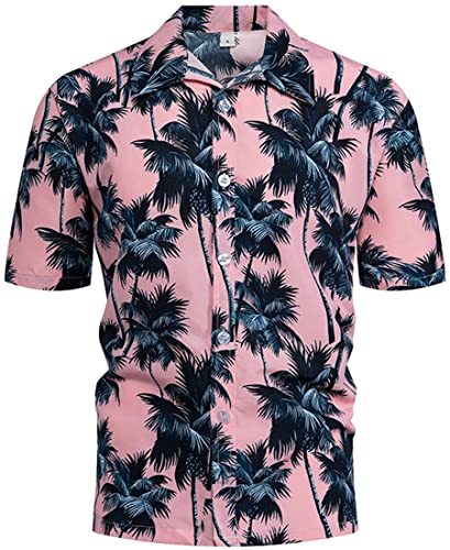 PADOLA Hawaii Hemd Männer Funky Kurzarmhemd Herren Bedruckt Hawaii Hemd Blumen Strandhemd 80er Jahre Outfit Sommer Hemd (Pink, 2XL) von PADOLA