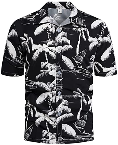 PADOLA Hawaii Hemd Männer Funky Kurzarmhemd Herren Bedruckt Hawaii Hemd Blumen Strandhemd 80er Jahre Outfit Sommer Hemd (Schwarz, M) von PADOLA