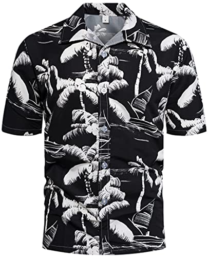 PADOLA Hawaii Hemd Männer Funky Kurzarmhemd Herren Bedruckt Hawaii Hemd Blumen Strandhemd 80er Jahre Outfit Sommer Hemd (Schwarz, L) von PADOLA