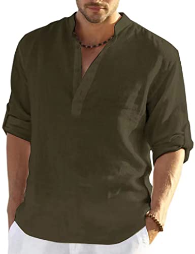 PADOLA Leinenhemd Herren Hemd Herren Langarm Henley Shirt Herren Sommerhemd Strandhemd Leinen Freizeithemden Linen Shirt Men (Armee Grün, M) von PADOLA