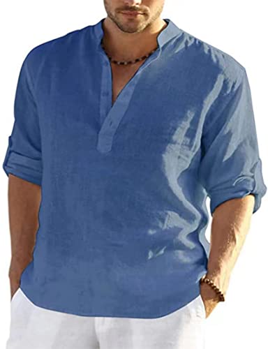 PADOLA Leinenhemd Herren Hemd Herren Langarm Henley Shirt Herren Sommerhemd Strandhemd Leinen Freizeithemden Linen Shirt Men (Blau, 3XL) von PADOLA