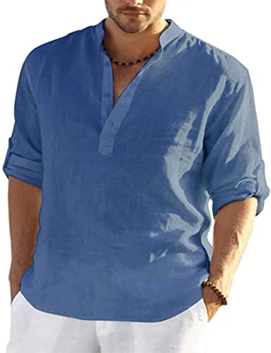 PADOLA Leinenhemd Herren Hemd Herren Langarm Henley Shirt Herren Sommerhemd Strandhemd Leinen Freizeithemden Linen Shirt Men (Blau, L) von PADOLA
