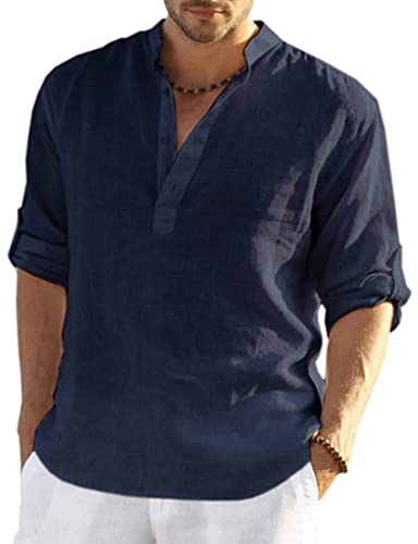 PADOLA Leinenhemd Herren Hemd Herren Langarm Henley Shirt Herren Sommerhemd Strandhemd Leinen Freizeithemden Linen Shirt Men (4 Dunkelblau, M) von PADOLA