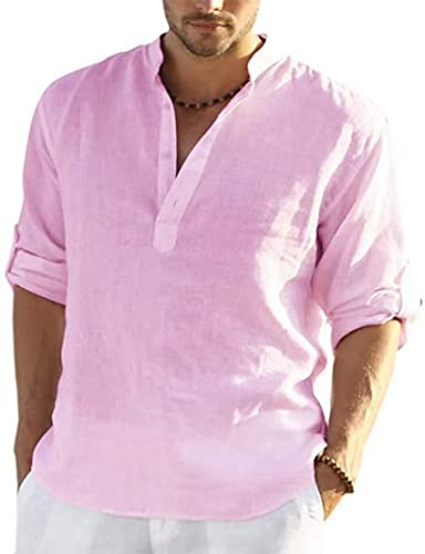 PADOLA Leinenhemd Herren Hemd Herren Langarm Henley Shirt Herren Sommerhemd Strandhemd Leinen Freizeithemden Linen Shirt Men (2 Rosa, 3XL) von PADOLA