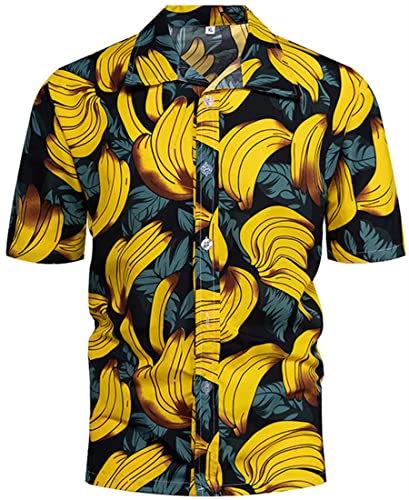 PADOLA Hawaii Hemd Männer Funky Kurzarmhemd Herren Bedruckt Hawaii Hemd Blumen Strandhemd 80er Jahre Outfit Sommer Hemd (Banane, 2XL) von PADOLA