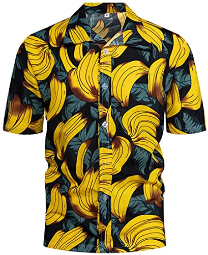 PADOLA Hawaii Hemd Männer Funky Kurzarmhemd Herren Bedruckt Hawaii Hemd Blumen Strandhemd 80er Jahre Outfit Sommer Hemd (Banane, L) von PADOLA