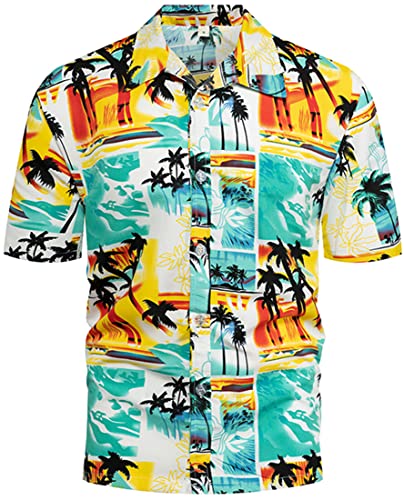 PADOLA Herren Freizeithemden Sommerhemd Kurzarm Hawaiihemd Funky Bedruckter Strandhemd Hawaii-Print Strand Shirt Funky Hemd Malle Party Outfit Sommer Casual Top (Sommer Strand, L) von PADOLA