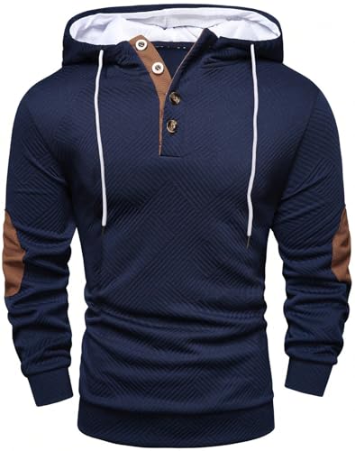PADOLA Herren Hoodie Jacquard Sweatshirt Knopfleiste Kapuzenpullover Langarm Sweatshirt Pullover Casual Sportbekleidung(XL,Dunkelblau) von PADOLA