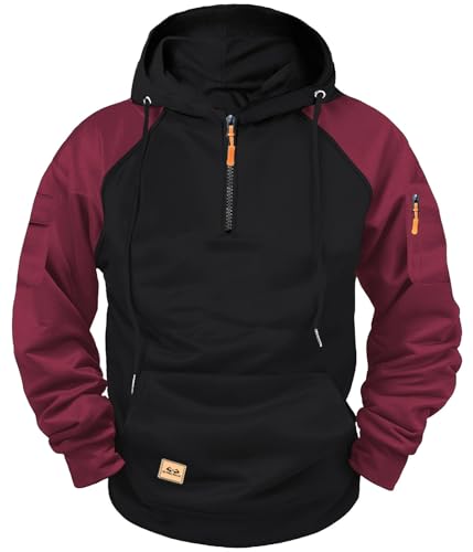PADOLA 1/4 Zip Hoodie Herren Farbblock Arbeitspullover mit Multi-Taschen Herbst Winter Pullover mit Kapuze Patchwork Sweatshirt mit Fleece Warme Sweatjacke Casual Fleecejacke (Schwarz, XL) von PADOLA