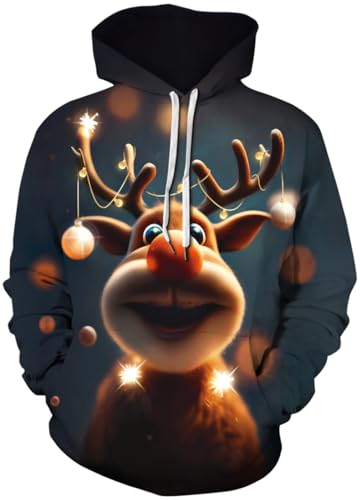 PADOLA Weihnachts Hoodie Herren 3D Druck Weihnachtspullover mit Tasche Casual Weihnachtspulli Christmas Hoodie X-Mas Sweatshirt Halloween Weihnachten Christmas Motiv (0 Hirsch Lämpchen, S) von PADOLA