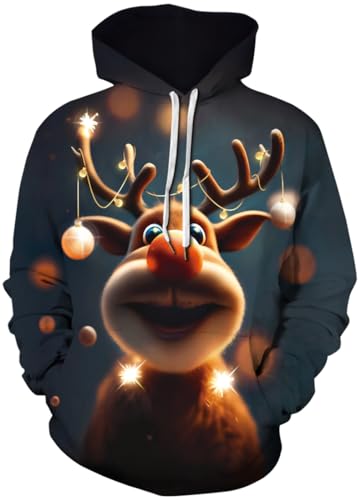 PADOLA Weihnachts Hoodie Herren 3D Druck Weihnachtspullover mit Tasche Casual Weihnachtspulli Christmas Hoodie X-Mas Sweatshirt Halloween Weihnachten Christmas Motiv (0 Hirsch Lämpchen, XL) von PADOLA